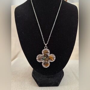 Silver-Tone Floral Pendant Necklace with Amber Accents